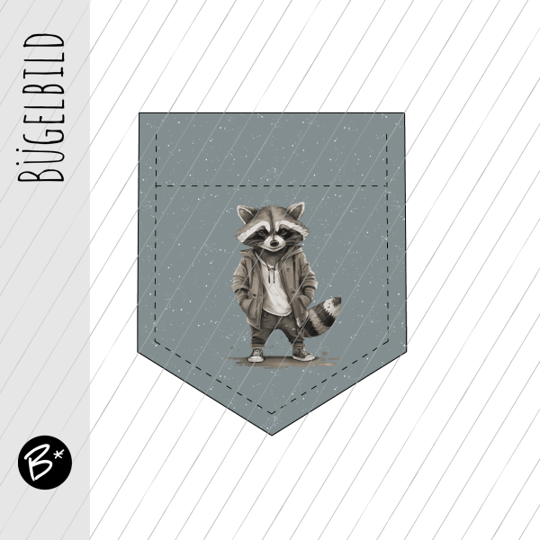 Bügelbild - " Tasche - RACOON  GRAUBLAU  " - Höhe 9 cm